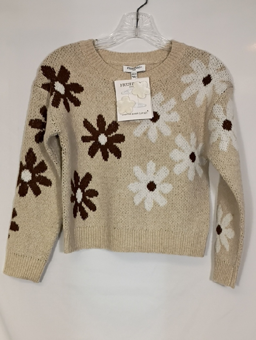 NWT Freshman Tan Combo Crewneck Sweater with Daisy Pullover With Clips Sz M 8/10